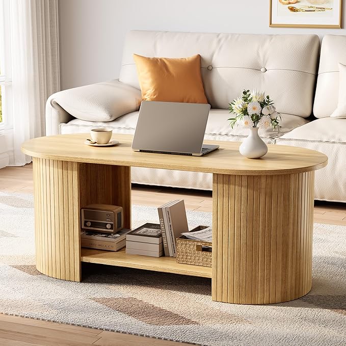 OneBlis Oval Fluted Coffee Table, 2-Tier Center Table with Large Storage, Mid-Century Modern Wood Coffees Table for Living Room, Home Office, Small Space, Oak