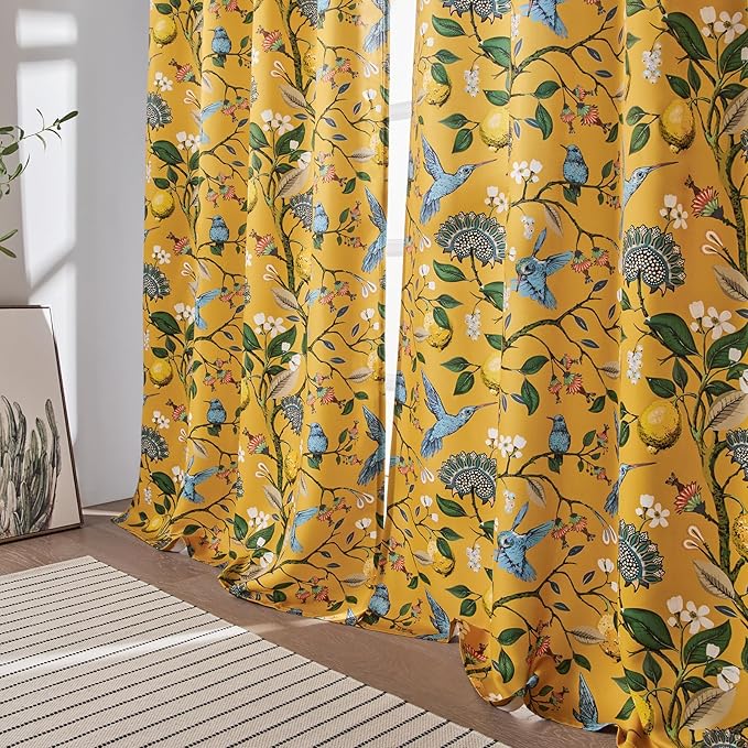 90 Inches Long Curtains 2 Panels for Living Room Bedroom Unique Elegant Colorful Floral Hummingbird Patterned Rustic Mustard Yellow Pinch Pleated Drapes for Classroom Room Office 40x90