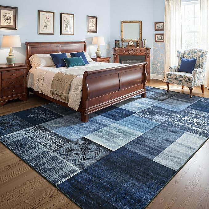 Tepook 6x9 Blue Area Rugs for Living Room, Modern Large Geometric Rug for Bedroom, Washable Patchwork Rug Indoor Non Slip Throw Carpets for Dining Room Office Farmhouse Home Decor