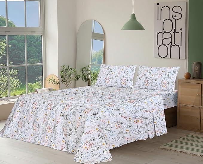 RUVANTI 100% Cotton Sheets Queen Size Set, 4 Pieces, Soft & Breathable Percale Weave Bedding, Deep Pocket 16", Hotel Standard, Crisp Cool Feeling, Durable, Perfect Floral Bed Sheet, Aroma