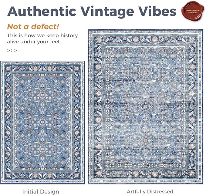 OPPODREAM Vintage Blue Area Rugs 8x10, 8 x 10 Retro Washable Rug Non Slip, Low-Pile Faux Wool Carpet, Distressed Navy Floor Mat for Living Room, Bedroom, Office, Dorm, Dinning Room, Big & Large