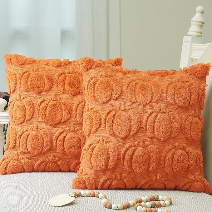 GEEORY Fall Pumpkins Soft Plush Pillow Covers, 16 x 16 Inch Set of 2, Fluffy Faux Fur Wool Decorative Farmhouse Cushion Case for Sofa Home Decoration Orange Pumpkin GC021-16