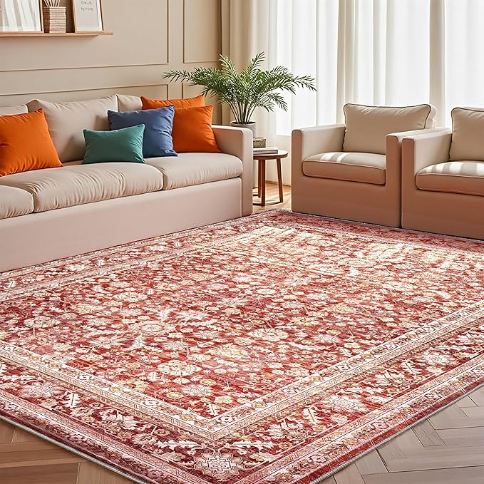 OPPODREAM Vintage Red Area Rugs 5x7, 5 x 7 Retro Washable Rug Non Slip, Low-Pile Faux Wool Carpet, Distressed Floor Mat for Living Room, Bedroom, Kitchen, Office, Dorm, Dinning Room