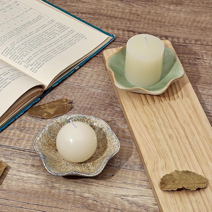 Koythin 2-Piece Ceramic Candle Holder, Aesthetics Candlestick Holders for Tea Lights, Lotus Leaf Shape Candle Stand for Mantle Table, Adorable Vintage Decor for Weddings Dining (Light Green)
