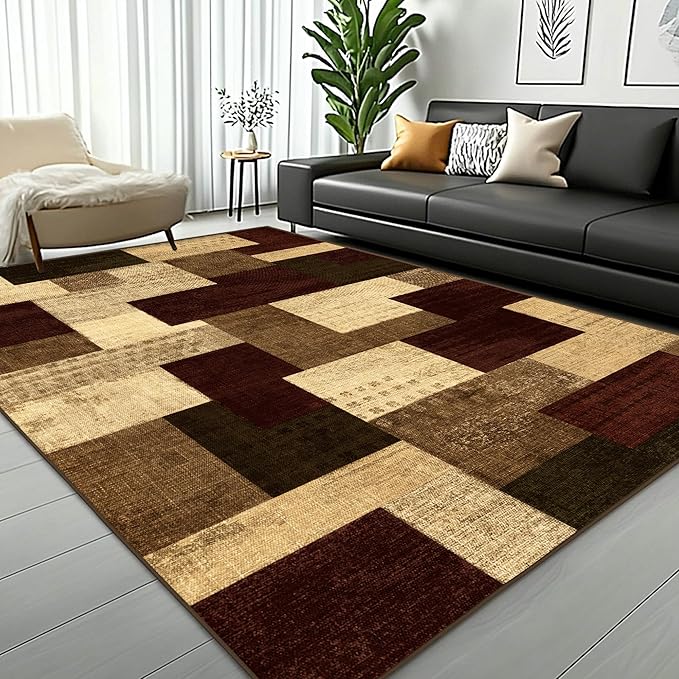 Modern Geometric Patchwork Indoor Area Rug for Living Room, Red 4x6 Large Rug Rockwood Collection Hardwood Floors Decor for Bedroom, Burgundy Throw Carpet for Office Entryway Dining Room