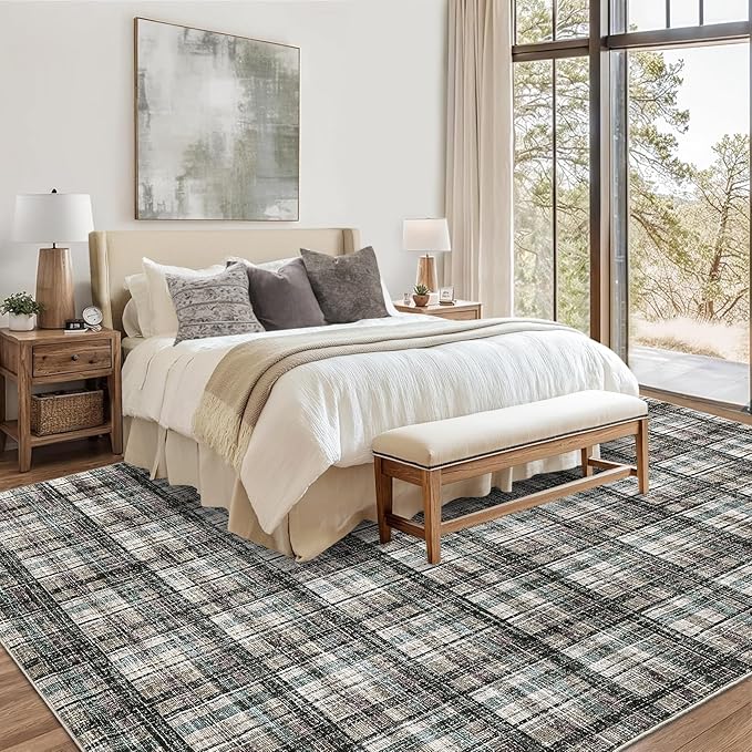 Washable Area Rug 5x7 Rugs for Living Room Modern Bedroom Rug Large Area Rug Non Slip Throw Rugs Soft Low Pile Stain Resistant Carpet for Dining Room Nursery Rug 5'x7' Teal&Dark Brown