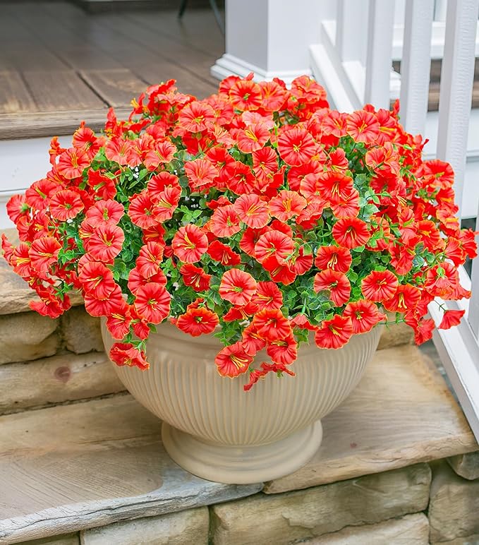 Artificial Flowers Fake Plants for Outdoors Spring Summer Decor, 12 Bundles Orange Silk Morning Glory with Eucalyptus Look Real UV Resistant Faux Flowers for Outside Planters Front Door Yard Indoor