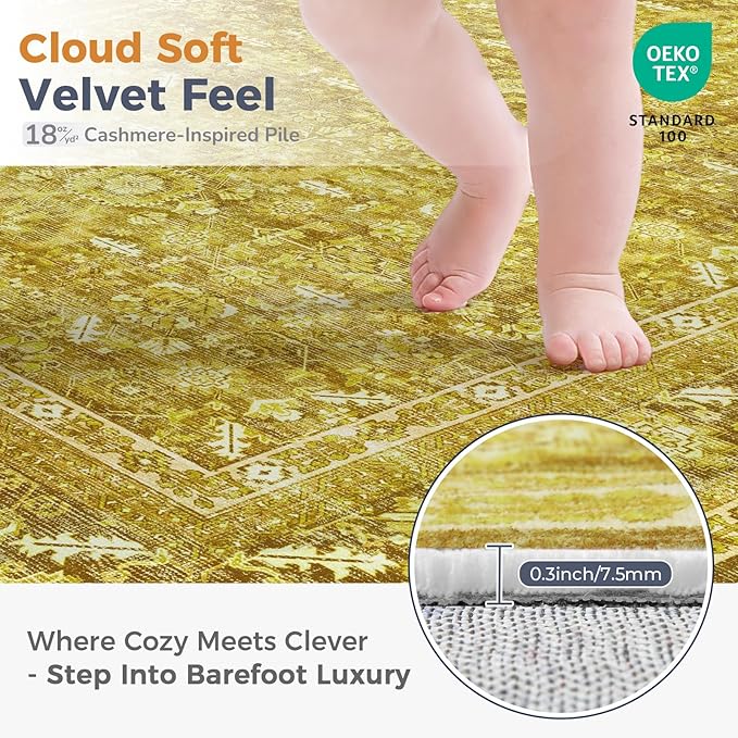 OPPODREAM Vintage Yellow Area Rugs 3x5, 3 x 5 Retro Washable Rug Non Slip, Low-Pile Faux Wool Carpet, Distressed Floor Mat for Living Room, Bedroom, Kitchen, Office, Dorm, Dinning Room