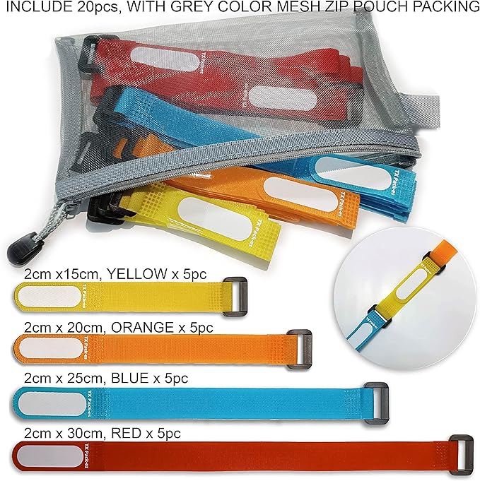 Multi-Purpose Cinch Straps (Assorted-Color 20 Pack). Reusable Waterproof Hook and Loop Cable Tie, Write-on Label for Easy Cord & Stuff Indentification, Organization & Management, by TX Pack-es
