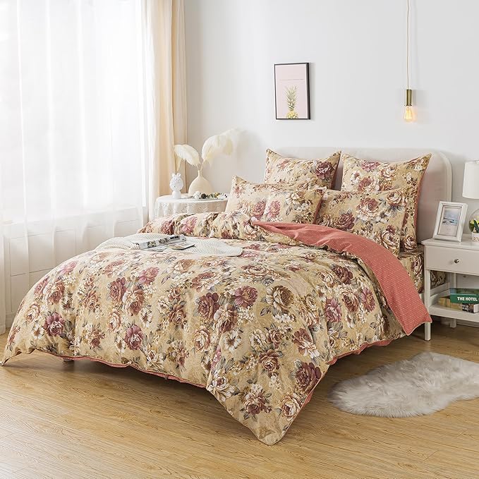 FADFAY Duvet Cover Set Full Tan Peony Floral Bedding Shabby Brown Flower Comforter Cover Set Vintage Farmhouse Bedding 100% Cotton Soft Quilt Cover with Hidden Zipper Closure 3 Pieces, Full Size