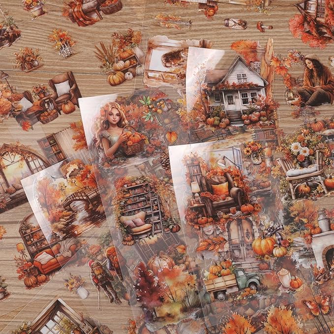 Auguro PET 20 Sheets 120 Pre-Cut Fall Stickers for Scrapbooking Landscape People Scrapbook Sticker Transparent Stickers for journaling