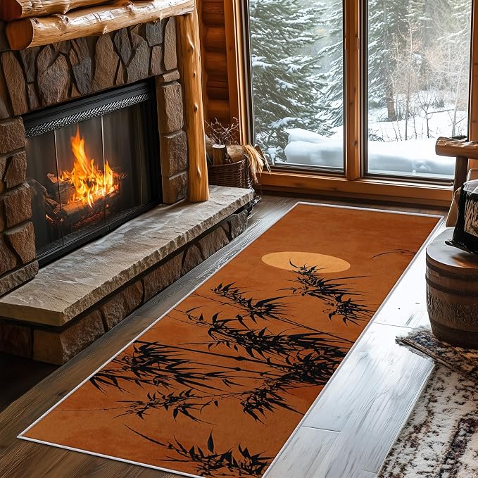 Oriental Bamboo Runner Rug 3x11, Full Moon Sunset Design, Asian Zen Nature Area Rug, Washable Carpet Runner for Bedroom, Standard Hallways, Kitchen Walkway, Dining Room Sideboard