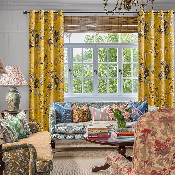Mustard Yellow Vintage Floral Blackout Curtains & Drapes 90 Inches Long for Living Room Bedroom 2 Panels Boho Colorful Botanical Flower Leaf Printed Curtains Luxury Room Darkening Grommet Top 52x90