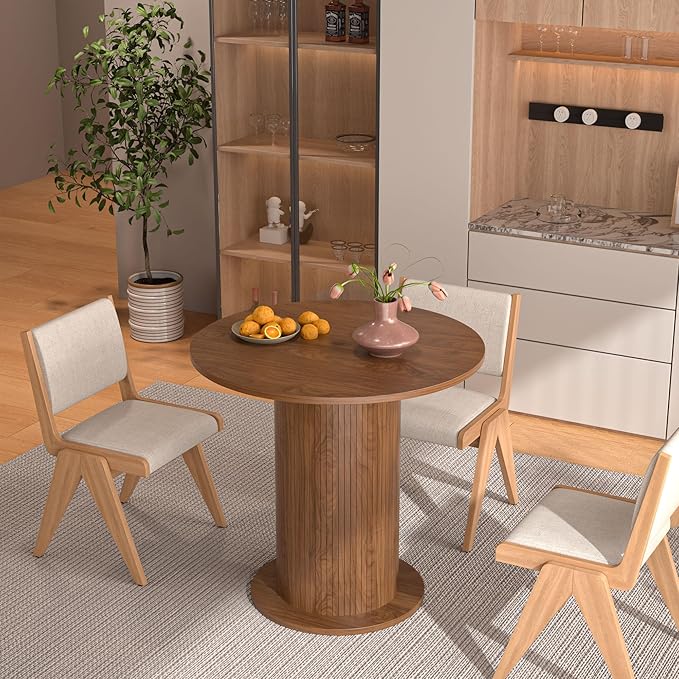 31.5 inch Round Dining Table for 2, Modern Farmhouse Kitchen Table, Small Circle Dining Tables with Wood Strip Base for Kitchen Living Room (Walnut)