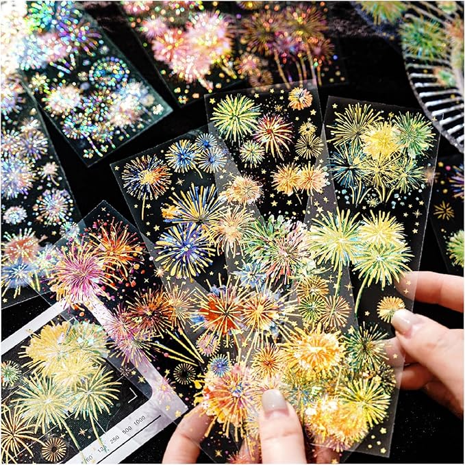 Holographic Fireworks Stickers for Journaling and Crafts, 12 Sheets Transparent PET Stickers for Scrapbooking, Junk Journal Supplies, Collage, DIY Paper Arts Decorative
