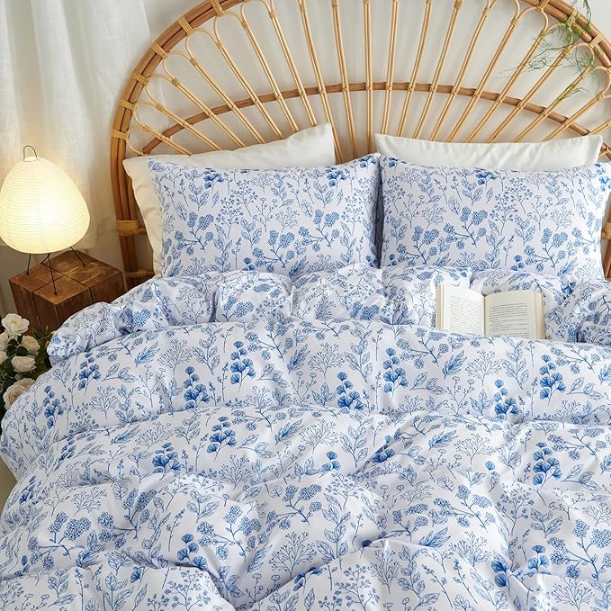 Nayoroom Blue Floral Duvet Cover King Size Cottagecore Botanical Flower Spring Comforter Cover 3 Pcs Soft Breathable Microfiber Pastoral Aesthetic Bedding Set Gift for Women