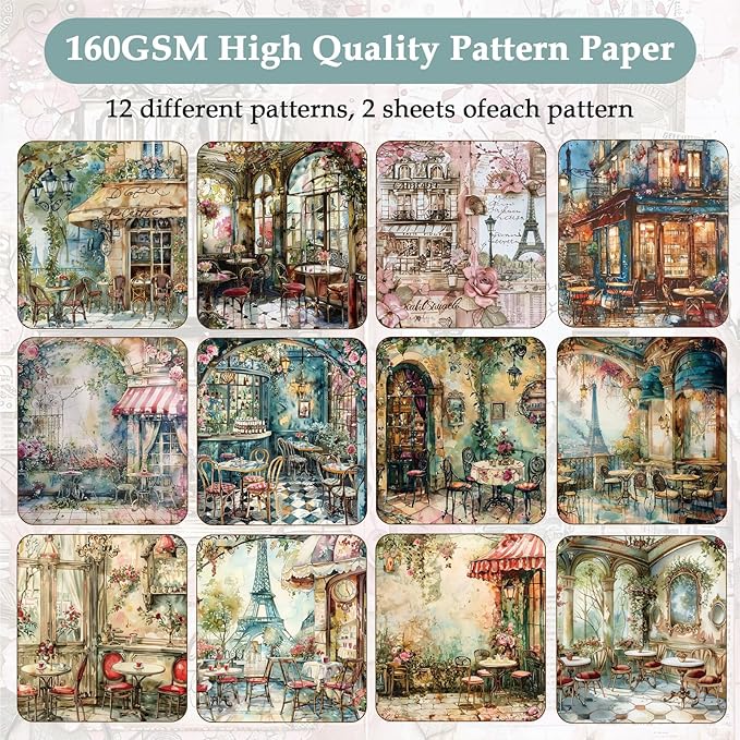 Scrapbook Paper,24 Sheets 6"x 6" Decorative Papers,Single-Sided Vivid Origami Decoupage Paper for Card Making,DIY Album, Hand Account & Travel Diary Craft Projects,Paris Cafeteria
