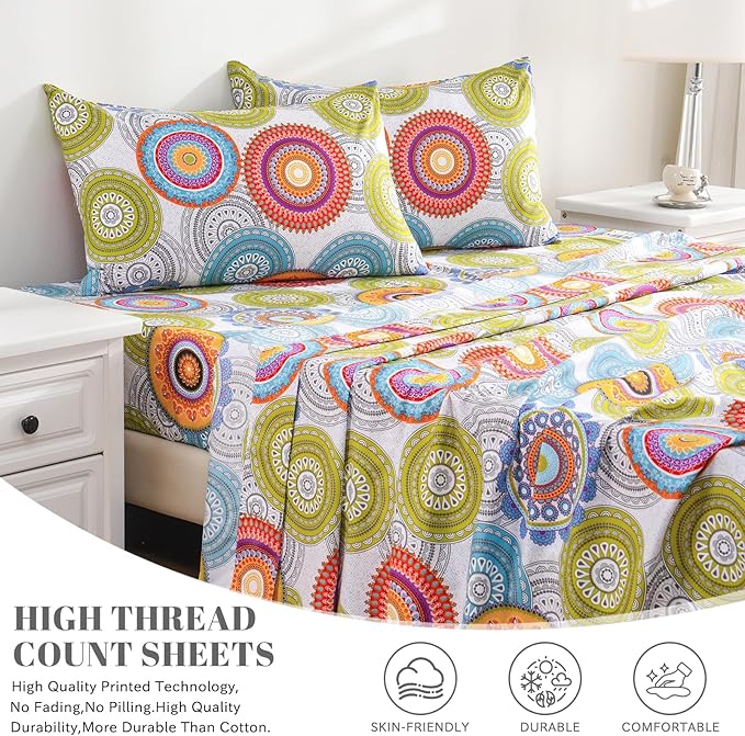 Bedlifes California King Sheet Set Ultra Soft, Breathable, Silky Flower Deep Pocket 100% Microfiber Bedding, 4 Piece Cal King Size Mandala Patterned