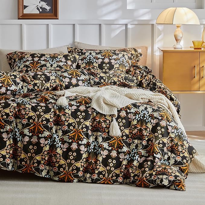 mixinni Vintage Floral Duvet Cover King Size Farmhouse Boho Duvet Cover Set Cotton Percale Flowers Pattern Printed Bedding Set with 2 Pillowcases Perfect for Him and Her-King Size
