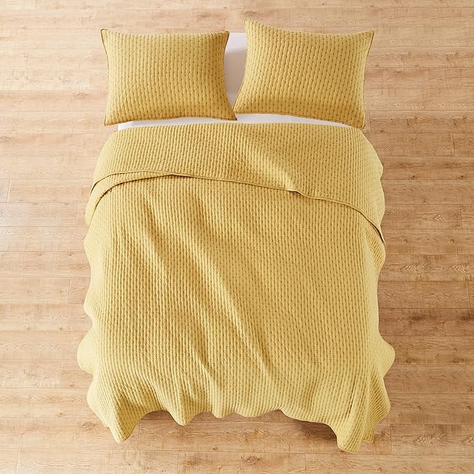 Levtex Home Cross Stitch Reversible Full/Queen Quilt Set (88x92in) with 2 Pillow Shams (26x20in) - Stitch Texture - Ochre - Cotton Full/Queen Size Quilt Bedding Set - Lightweight, Soft, Pre-Washed