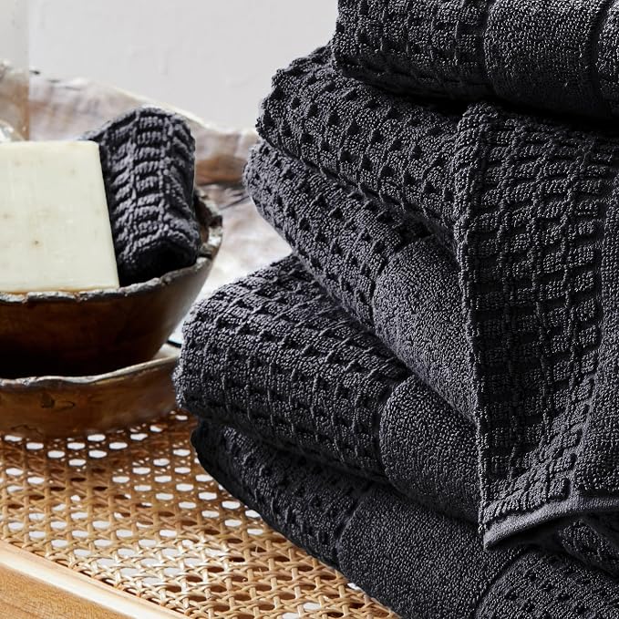 Market & Place 100% Cotton Super Soft Luxury Hand Towel Set | Quick-Dry and Highly Absorbent | Waffle Textured | 550 GSM | Includes 6 Hand Towels | Harper Collection (Black)