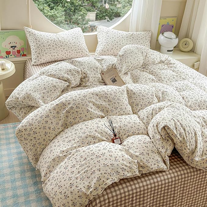 LifeTB 100% Cotton Muslin Duvet Cover Full Size Vintage Botanical Floral Duvet Cover Ultra Soft Flower Comforter Cover Lightweight Soft Breathable Gauze Bedding Comforter Cover with 2 Pillowcases
