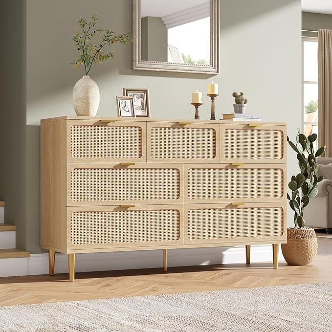 Garvee Rattan Dresser with 7 Drawers, Tall Modern Closet with Deep Storage, Large Chest of Drawers with Wide Top, Long Wooden Dresser for Bedroom, Living Room, Hallway, Kids Room, Natural