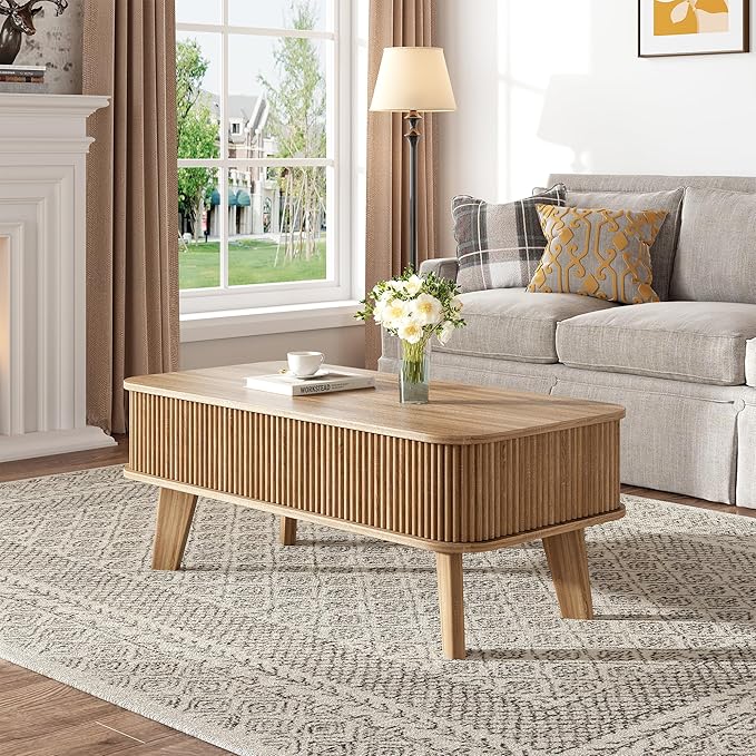 LCVTND Fluted Lift Top Coffee Table with Storage, Modern Wood Coffee Table Retro Center Table with Hidden Lifting Table Top Compartment for Living Room, Home, Office, Natural