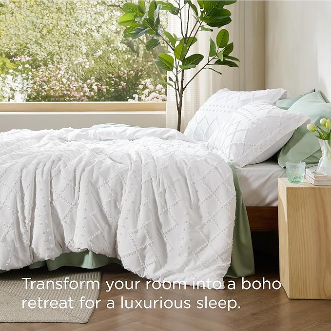 Bedsure Boho Duvet Cover King Size - Boho Bedding, Tufted King Duvet Cover for All Seasons, 3 Pieces Embroidery Shabby Chic Home Bedding,Comforter Not Included (White, 104" x 90")
