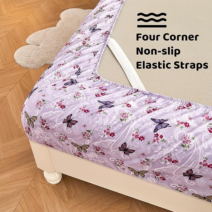 Softan Floral King Bed Sheets, Purple Paisley Flower Printed Sheet Set - Brushed Microfiber King Fitted Sheet with 15" Deep Pocket and Corner Straps, Butterfly Patterned Sheet & Pillowcase Sets