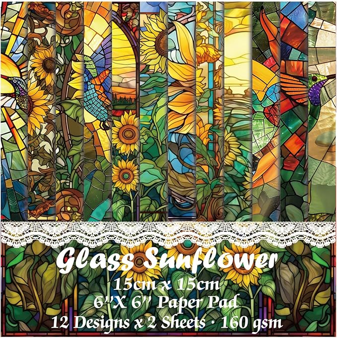 Scrapbook Paper,24 Sheets 6"x 6" Decorative Papers,Single-Sided Vivid Origami Decoupage Paper for Card Making,DIY Album, Hand Account & Travel Diary Craft Projects,Glass Sunflower