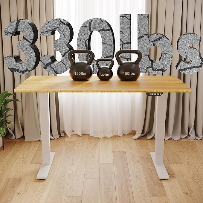FLEXISPOT E6 MAX Bamboo Dual Motor 3 Stages Standing Desk 60x30 Inch Whole-Piece Board Electric Height Adjustable Stand Up Desk 150KG Load Capacity(White Frame + Bamboo Desktop)