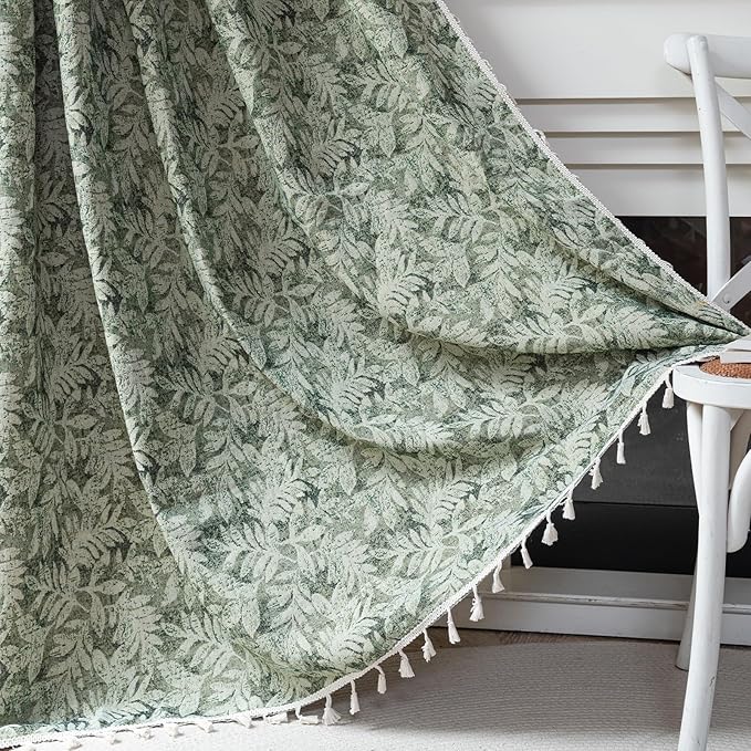 ENJOYBRIDAL Green Leaf 84 Inch Curtains 2 Panel Set Farmhouse Floor Length Drapes Semi Sheer Rod Pocket Bedroom Rustic Window Curtain Panels Living Room Boho Aesthetic Country Tassel Window Treatments