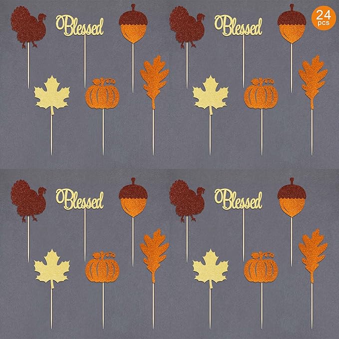 Gexolenu 24 Pcs Thanksgiving Cupcake Toppers Glitter Double-Sided Maple Leaf Blessed Turkey Pumpkin Cupcake Picks For Fall Theme Harvest Thanksgiving Cake Decorations Kids Birthday Party Supplies