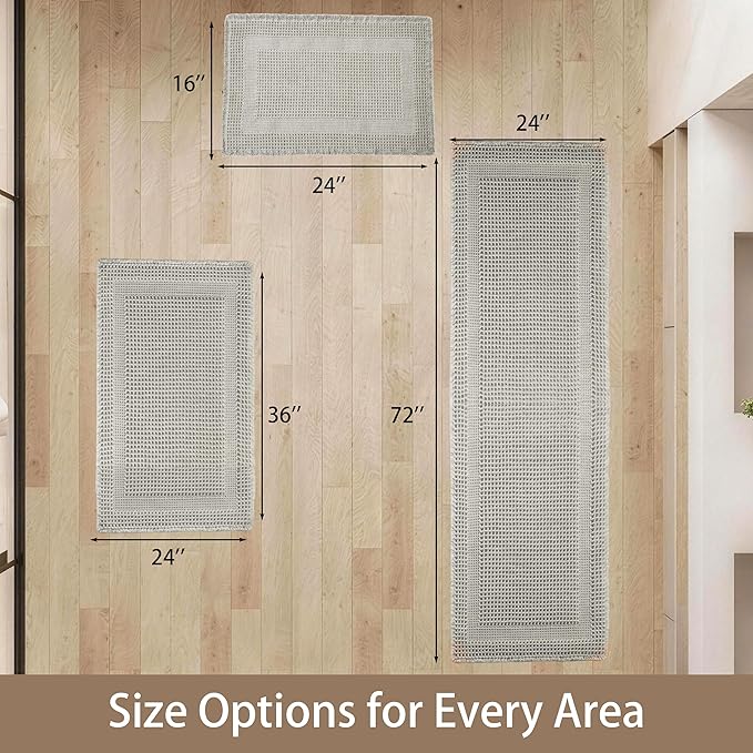 Waffle Runner Rug Non Slip, Boho Bath Mat, Super Absorbent Quick Dry Long Bath Runner Bathroom, Soft Farmhouse Bath Rug with Tassels, Washable Shower Mats for Floor 24"x72", Square Light Grey