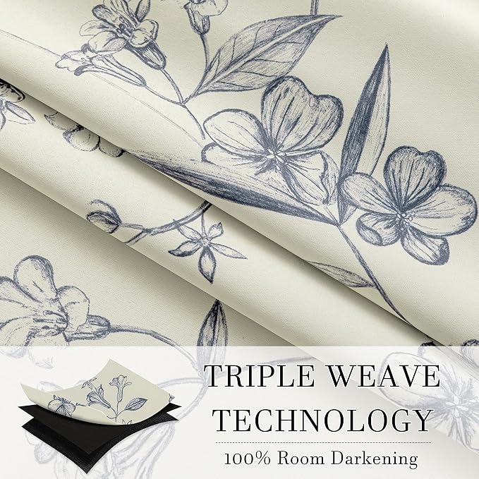 ChrisDowa Beige 100% Blackout Curtains 84 Inches Long 2 Panels for Bedroom Living Room Navy Blue Flower Patterned Room Darkening Thermal Insulated Soundproof Grommet Window Treatments Drapes,52X84