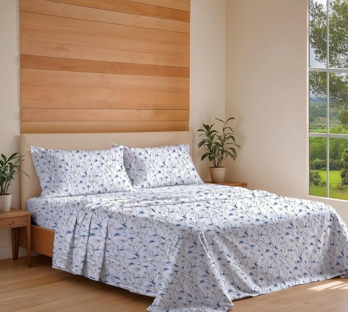 RUVANTI 100% Organic Cotton Sheets Full Size, Percale Weave, GOTS Certified, 4-Piece Set, Deep Pocket 15", Crisp & Breathable, Soft Durable Bedding, Sábanas Algodón Orgánico – Daisy Bud