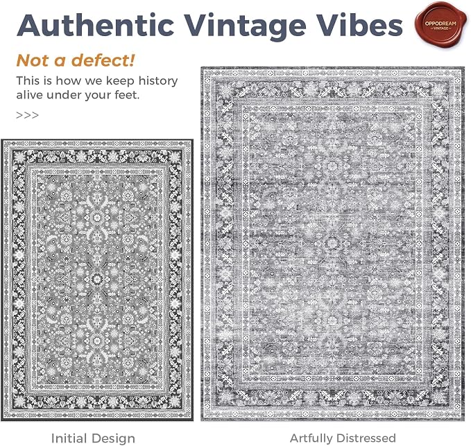 OPPODREAM Vintage Grey Area Rugs 5x7, 5 x 7 Retro Washable Rug Non Slip, Low-Pile Faux Wool Carpet, Distressed Gray Floor Mat for Living Room, Bedroom, Kitchen, Office, Dorm, Dinning Room