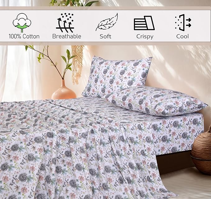 RUVANTI 100% Cotton Sheets Queen Size Set, 4 Pieces, Soft & Breathable Percale Weave Bedding, Deep Pocket 16", Hotel Standard, Crisp Cool Feeling, Durable, Perfect Floral Bed Sheet, Dandelion Field