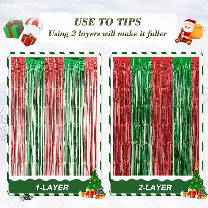 3 Pack Christmas Party Decorations, Red and Green Tinsel Foil Fringe Curtains,Ugly Sweater theme Photo Booth Prop Streamer Backdrop decor Indoor outdoor Party Supplies for Happy New Year party
