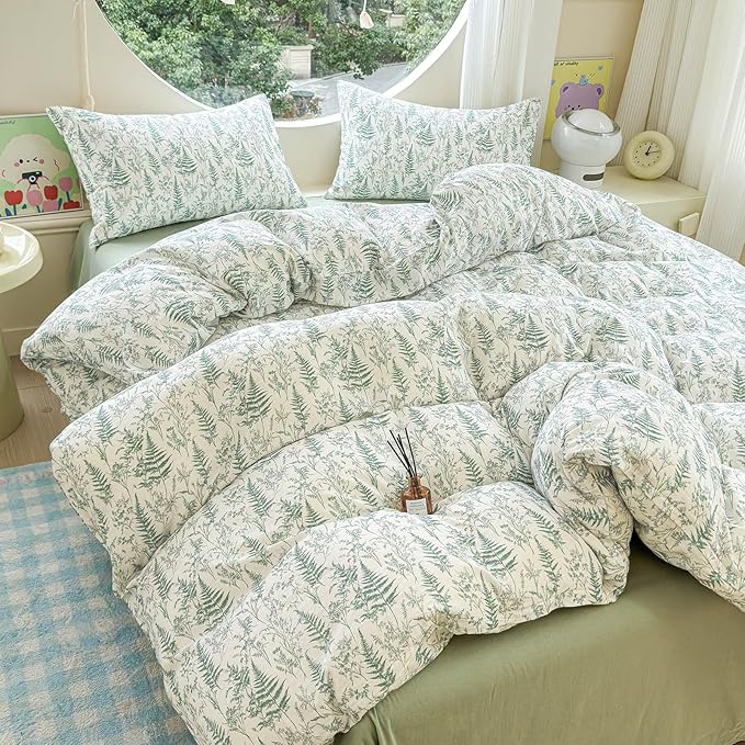 LifeTB Muslin Duvet Cover King Size 100% Cotton Botanical Floral Comforter Cover Ultra Soft Cottagecore Bedding Set Lightweight Linen Feel Textured Breathable Gauze Duvet Cover with 2 Pillowcases