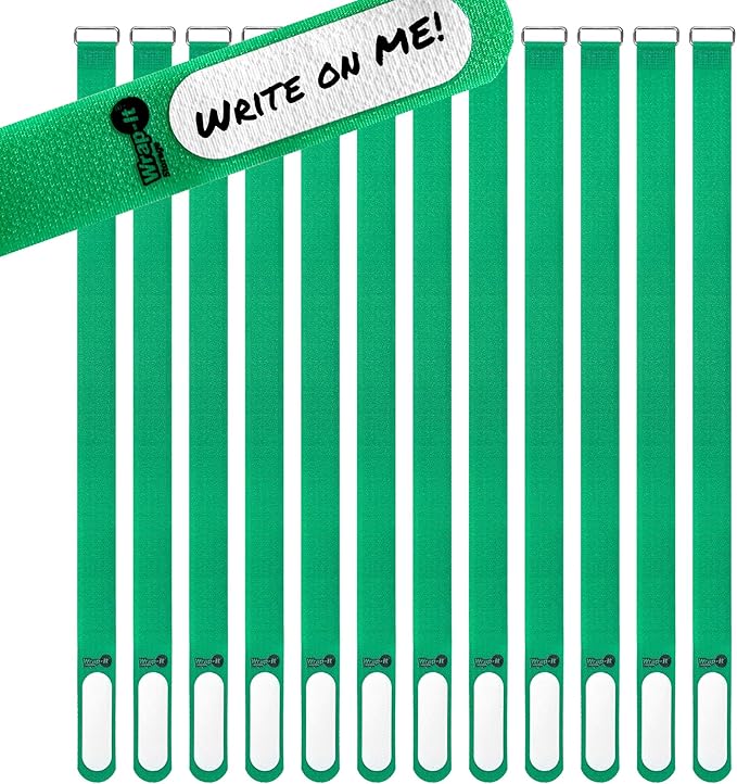 Wrap-It Storage Cinch-Straps, 18" 12 Pack (Green), Features Buckle and Write on Label for Easy Cord Identification and Cable Management, Reusable Multi-Purpose Securing Cinch Straps