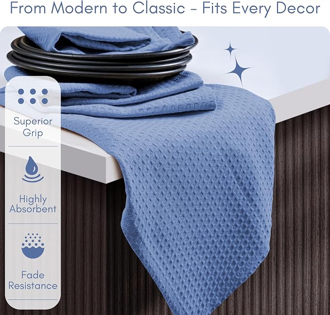 TWINY threads Set of 12 100% Cotton Solid Kitchen Towels with Hanging Loop (16 X 26 inches) | Ultra Absorbent Dobby Waffle Weave Washcloth | Reusable, Machine Washable Hand Towels - Sky Blue