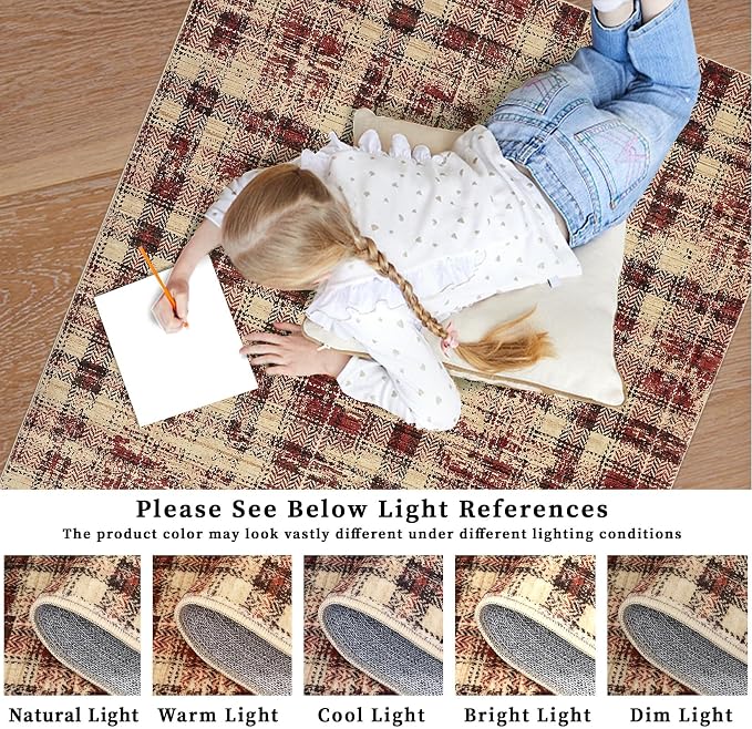 Washable Area Rug 3x5 Christmas Rug with Non Slip Rubber Backing, Modern Plaid Bedroom Rugs Farmhouse Soft Low Pile Rustic Accent Rug for Entrance Living Room Kitchen Home Decor