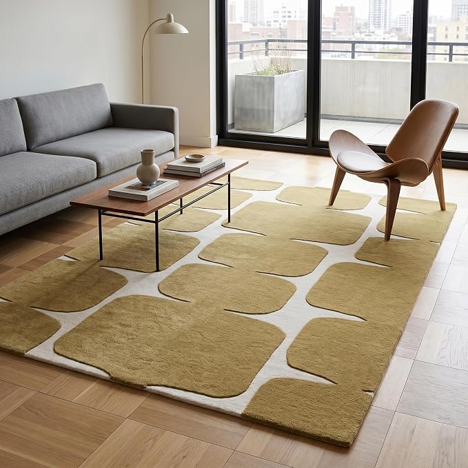 Restoration and Renovation Modern Wool Area Rug - Contemporary Abstract Geometric Design, Thick & Soft Hand-Tufted Carpet - Ideal for Indoor Decor in Living Room, Bedroom (Gold, 4' x 6')