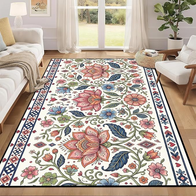 6'x9' Boho Floral Area Rug Vintage Colorful Botanical Carpet Non-Slip Washable Rugs for Bedroom Living Room Nursery Kitchen Playroom Home Decor
