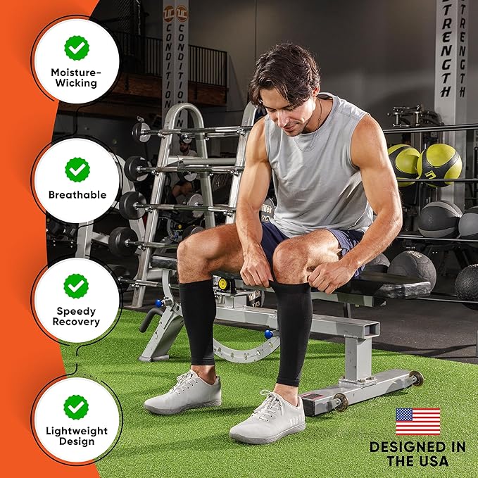 Calf Compression Sleeves for Men and Women - (1 Pair) Footless Compression Socks Support for Varicose Veins, Nursing, Pregnancy, Running - PhysFlex Leg Sleeve Brace for Shin Splints, Pain Relief and Reduces Swelling (Black, Large)