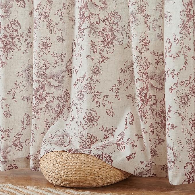 jinchan Linen Blend Curtain Floral Curtains for Living Room 63 Inch Length Christmas Brick Red Printed Curtain Rod Pocket Back Tab Farmhouse Peony Flower Patterned Drapes Curtains Set 2 Panels