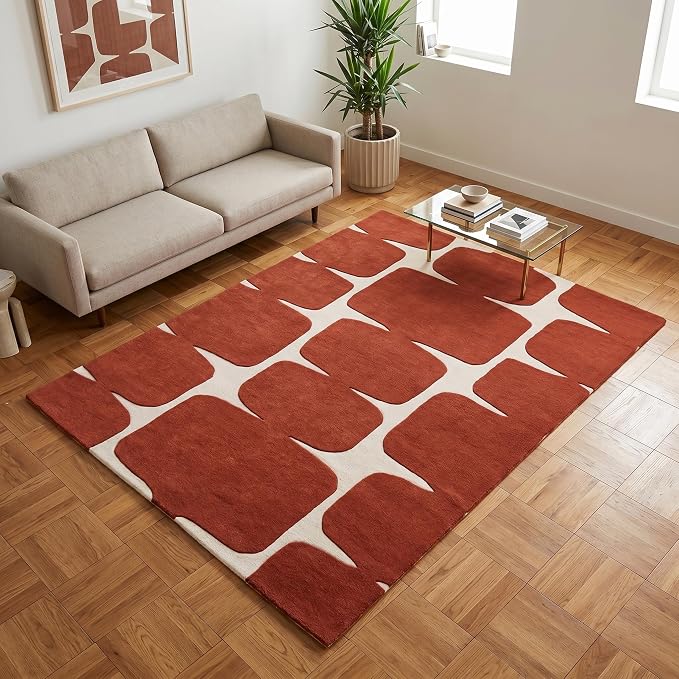 Restoration and Renovation Modern Wool Area Rug - Contemporary Abstract Geometric Design, Thick & Soft Hand-Tufted Carpet - Ideal for Indoor Decor in Living Room, Bedroom (Rust, 10' x 14')