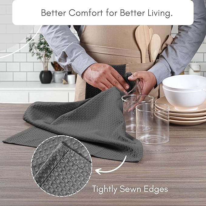 TWINY threads Gray Waffle Kitchen Towel 4 Pack, 16x26 Inches, Premium 100% Cotton Kitchen Linen Set, Absorbent Dish Cloths for Cleaning and Drying Dishes, Machine Washable, Durable, Quick Dry, Grey